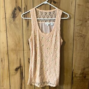 Miss Me Peach Lace Tank Top with Floral Accents